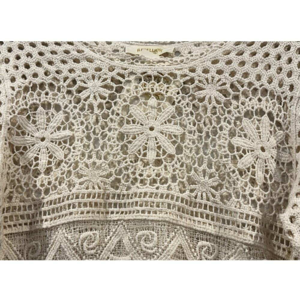 NWT Rebellion Cream Cotton Knit Crochet Crop Top: Size M Boho Fringe - Picture 8 of 11